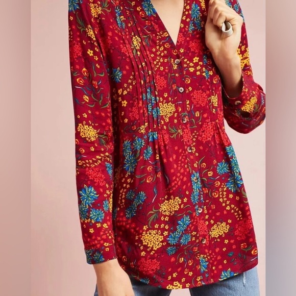 Anthropologie Maeve Red Floral Viscose Button Printed Pintucked Blouse Sz S - Picture 1 of 10